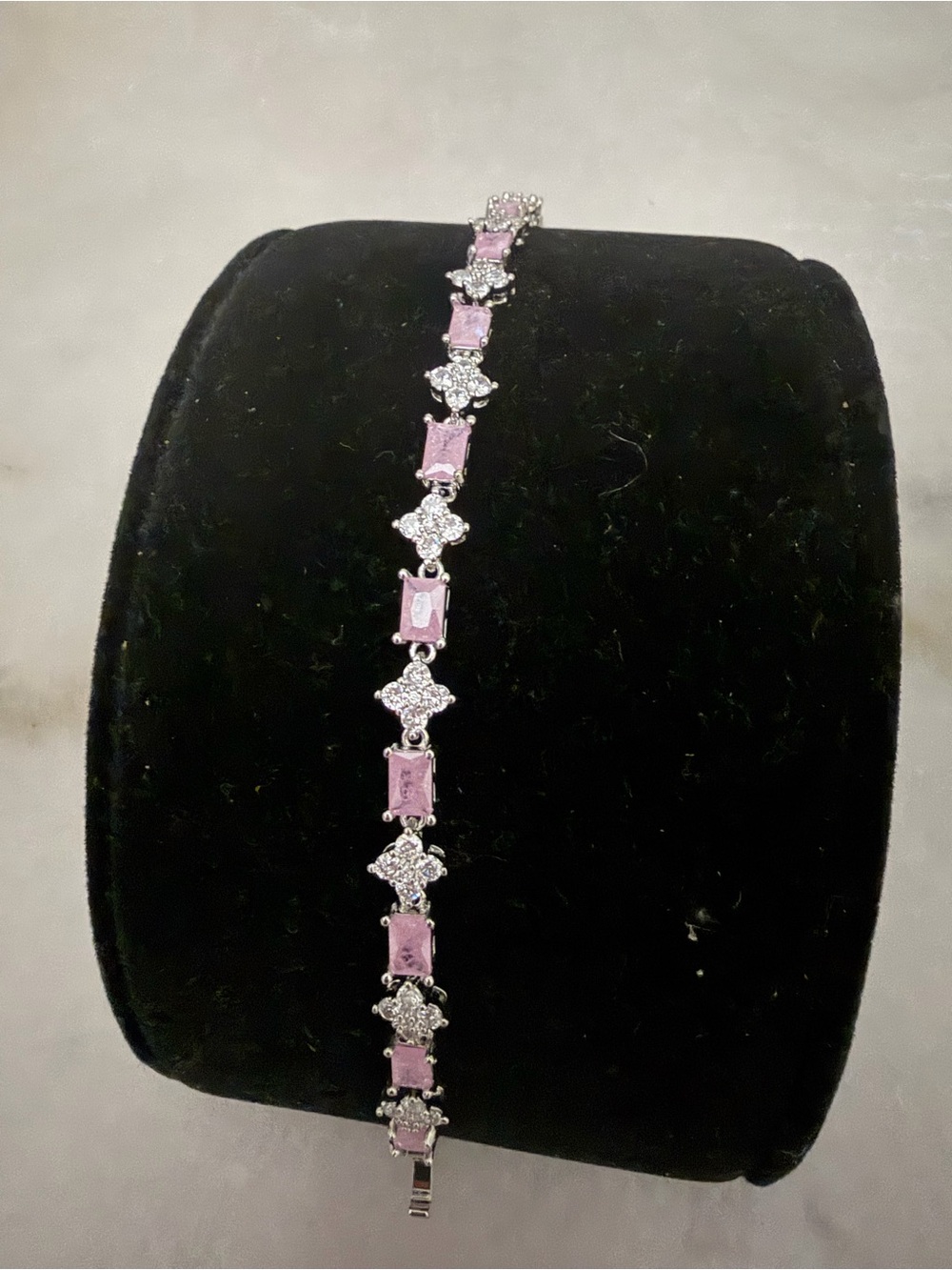 Elegant Pink Stone and Silver Tennis Bracelet